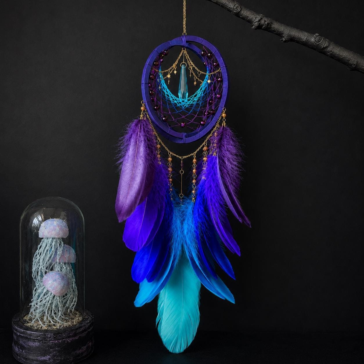 Purple Blue Gradient Feather Dreamcatcher Boho Wall Hanging Decor