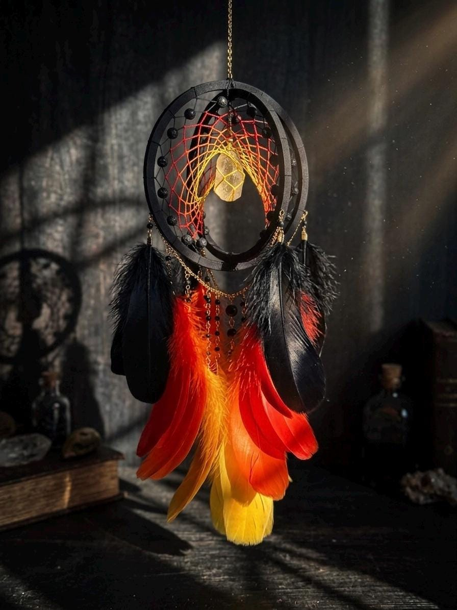 Gothic Black Red Feather Dreamcatcher with Crystal Stone