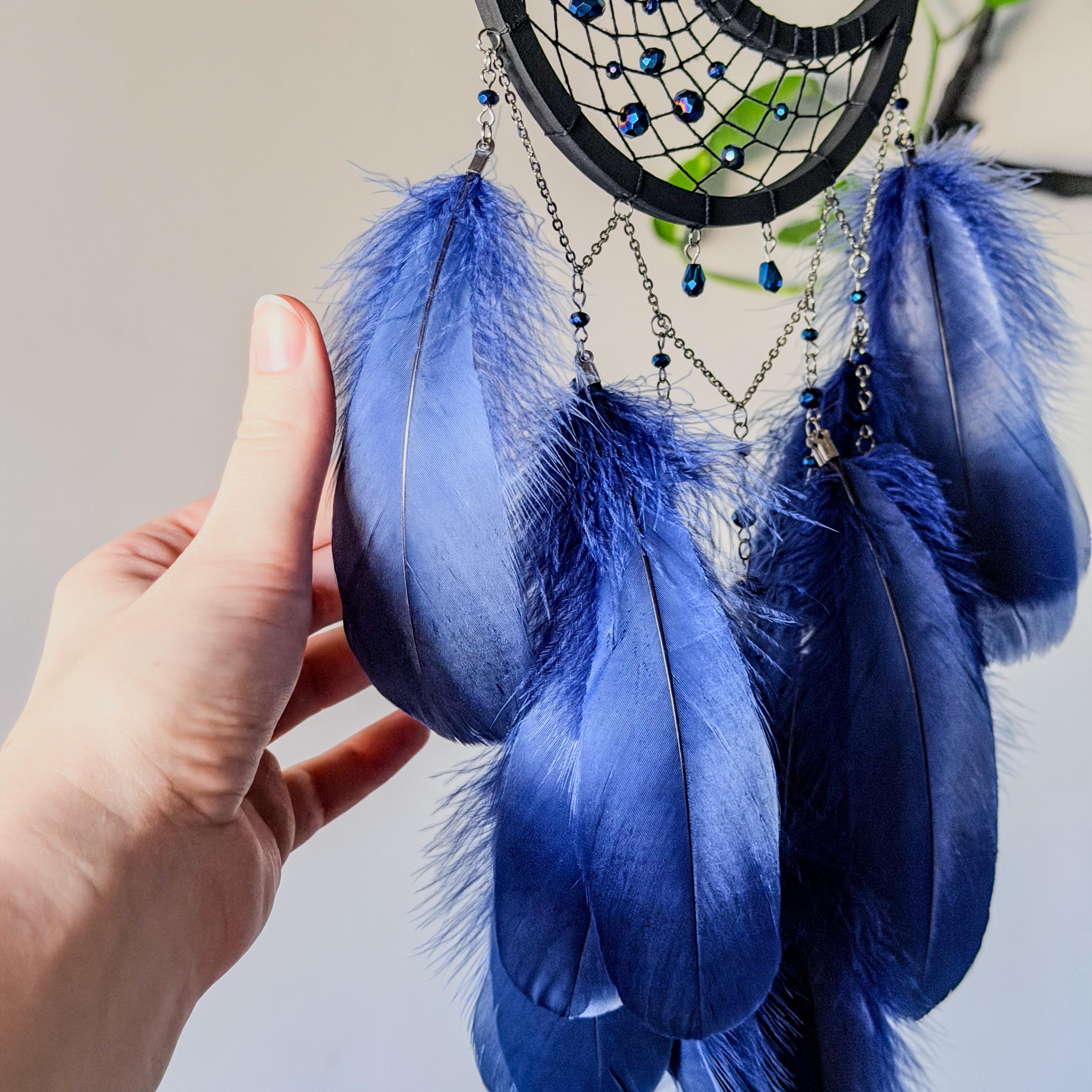 Black Moon Dreamcatcher with Dark Blue Feathers & Crystal Pendant