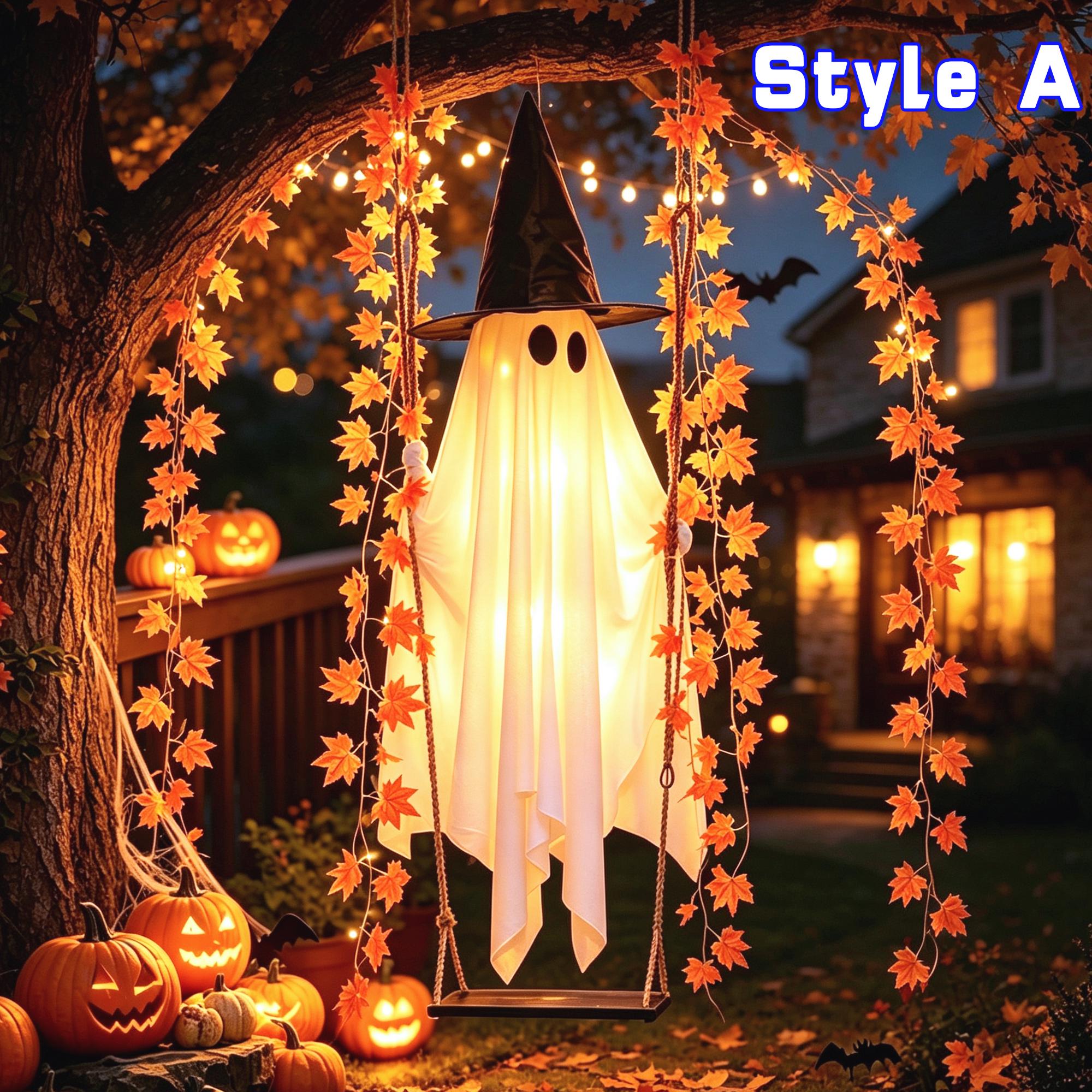 Halloween Ghost Swing Outdoor Decoration – Spooky Witch Hat Hanging Yard Decor