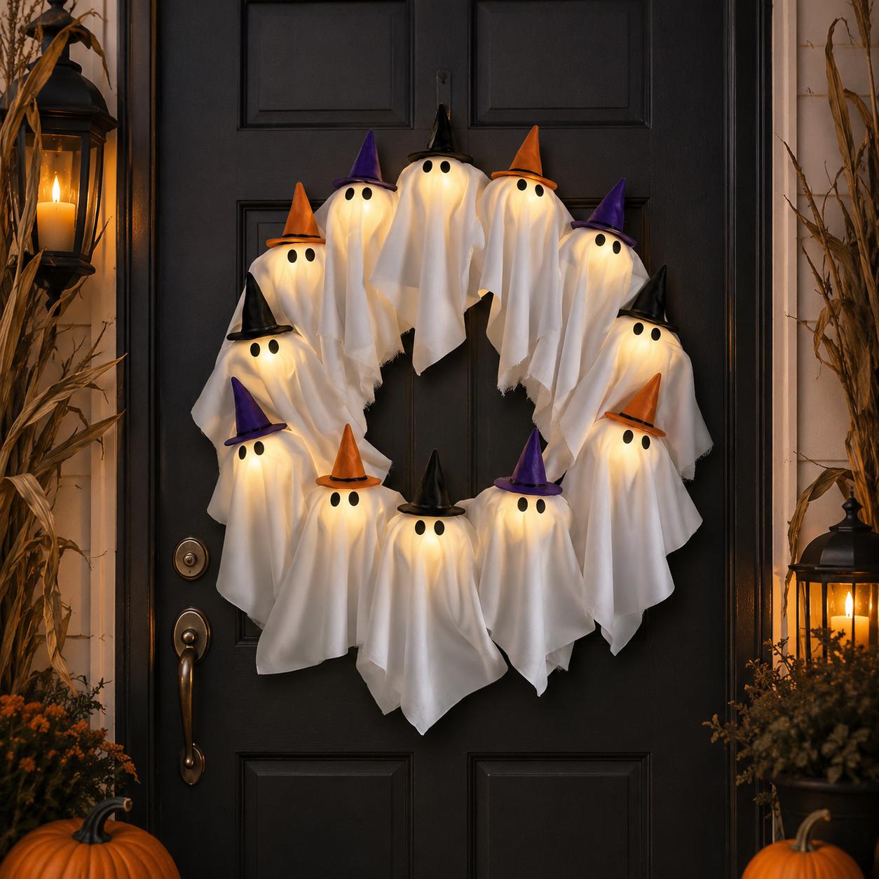 Lighted Ghost Wreath Halloween Door Decor