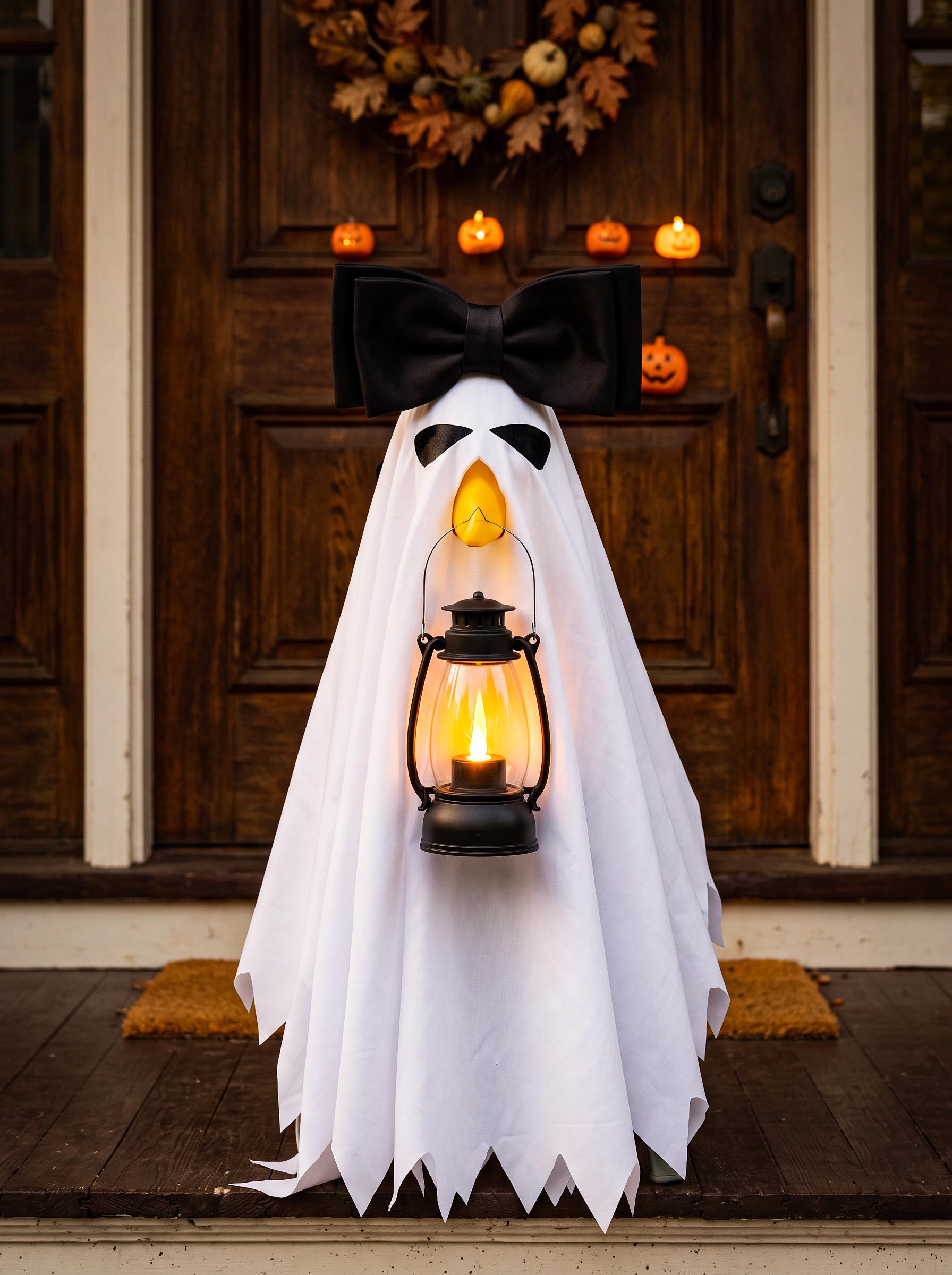 Cute Standing Ghost Halloween Porch Decor with Big Pink Bow & Lighted Vintage Lantern, Friendly Non-Scary Fall Front Door Ghost Statue