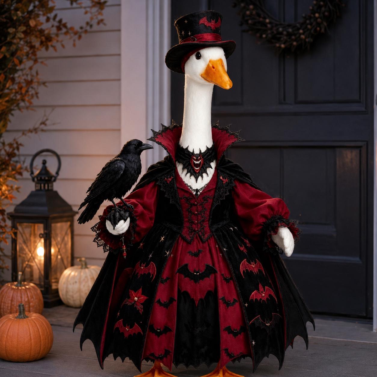 Gothic Vampire Goose Halloween Porch Decor, Goose Statue in Bat Embroidered Victorian Gown with Top Hat & Raven Companion, Dark Academia Halloween Front Door Ornament