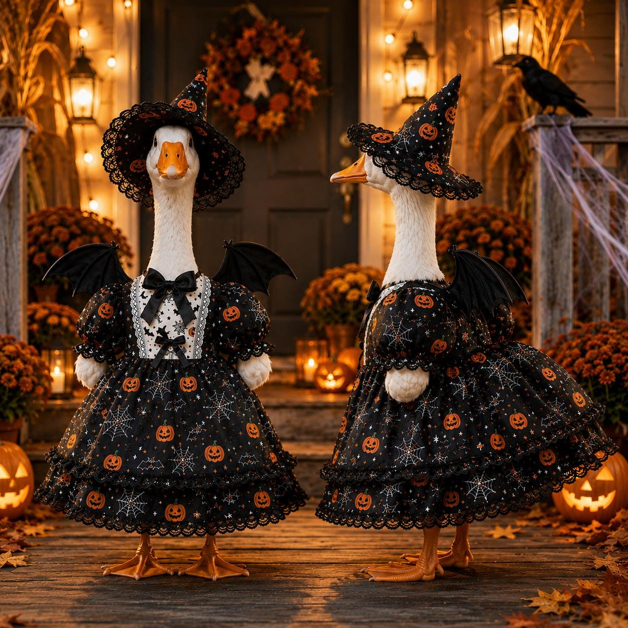 Witch Goose Statue with Bat Wings | Pumpkin Lace Halloween Porch Decor
