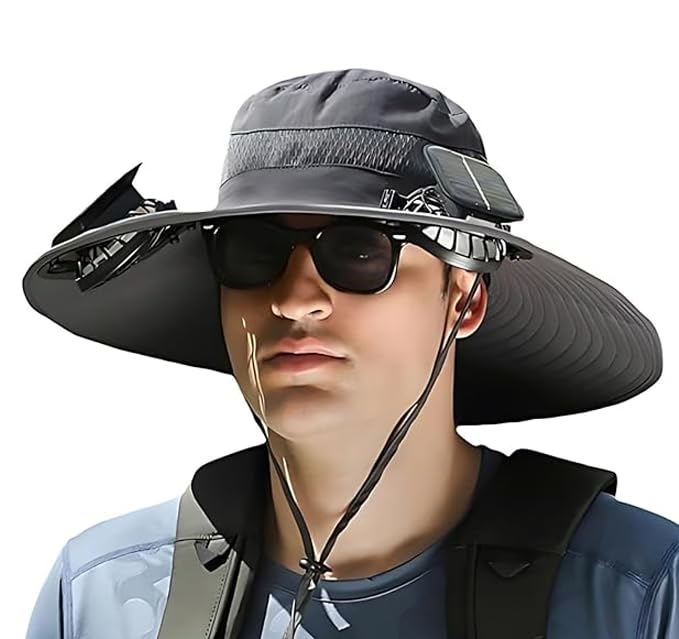 Solar Fan Sun Hat, Wide Brim UPF 50+ Cooling Hat with 2 Solar & USB Powered Fans, Camo Bucket Hat for Outdoor Fishing Hiking Camping, Gray