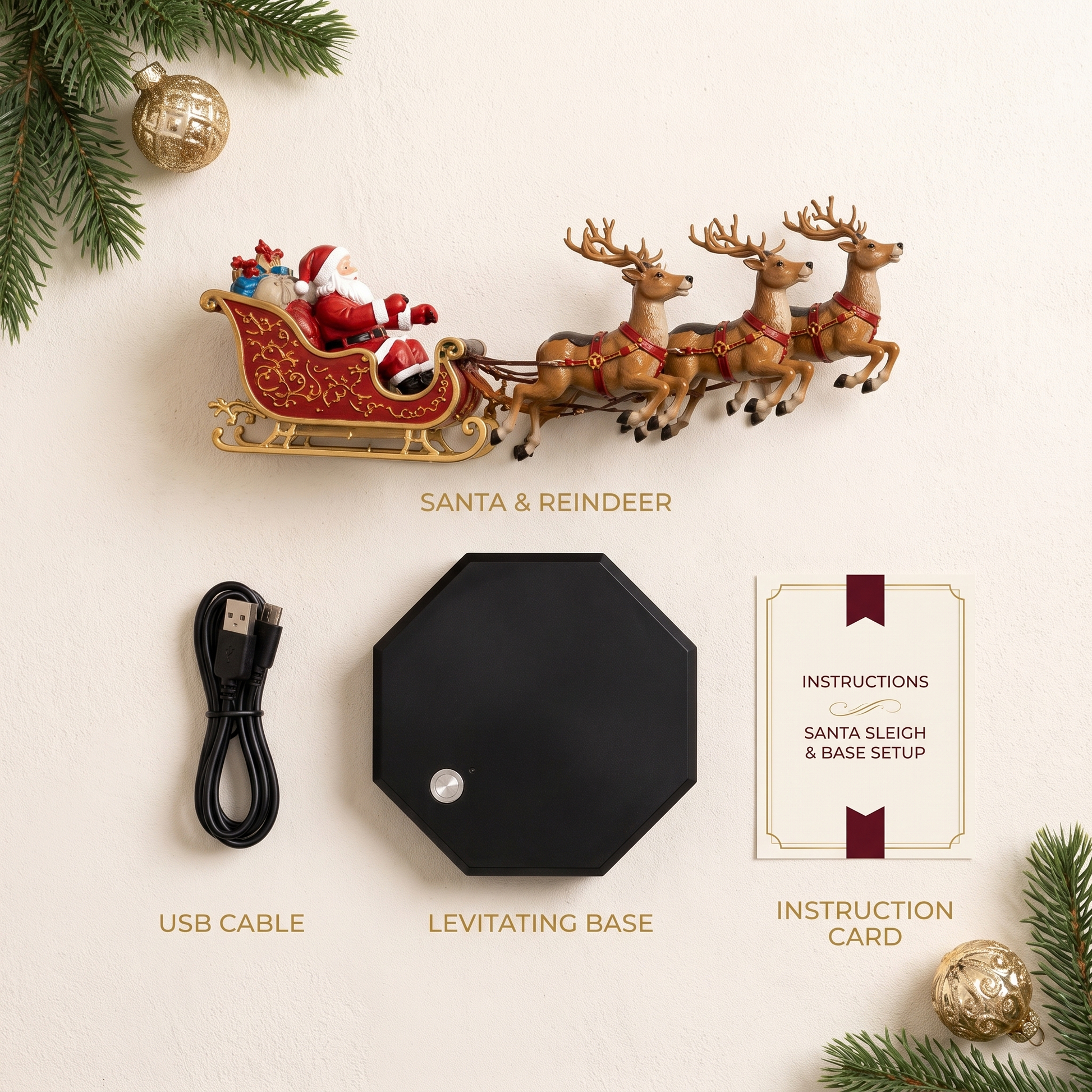 3D Christmas Sleigh Night Light – Flying Santa & Reindeer Illusion Lamp with LED Display Base