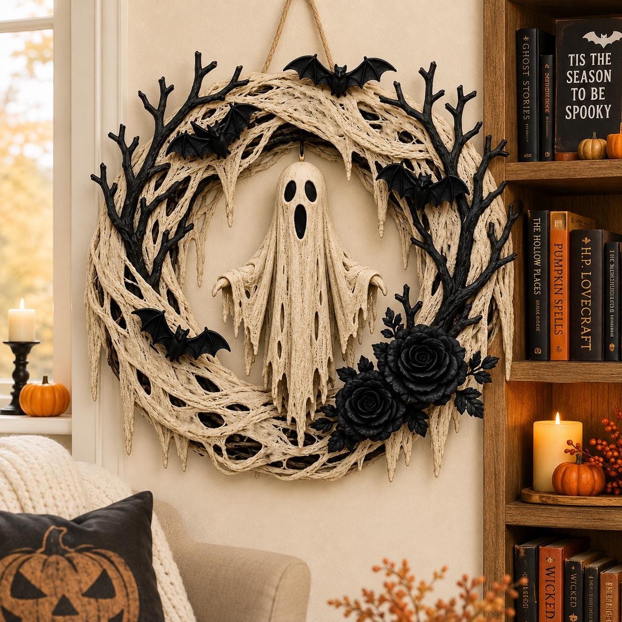 Halloween Ghost Wreath – Spooky Bat & Black Rose Front Door Decoration