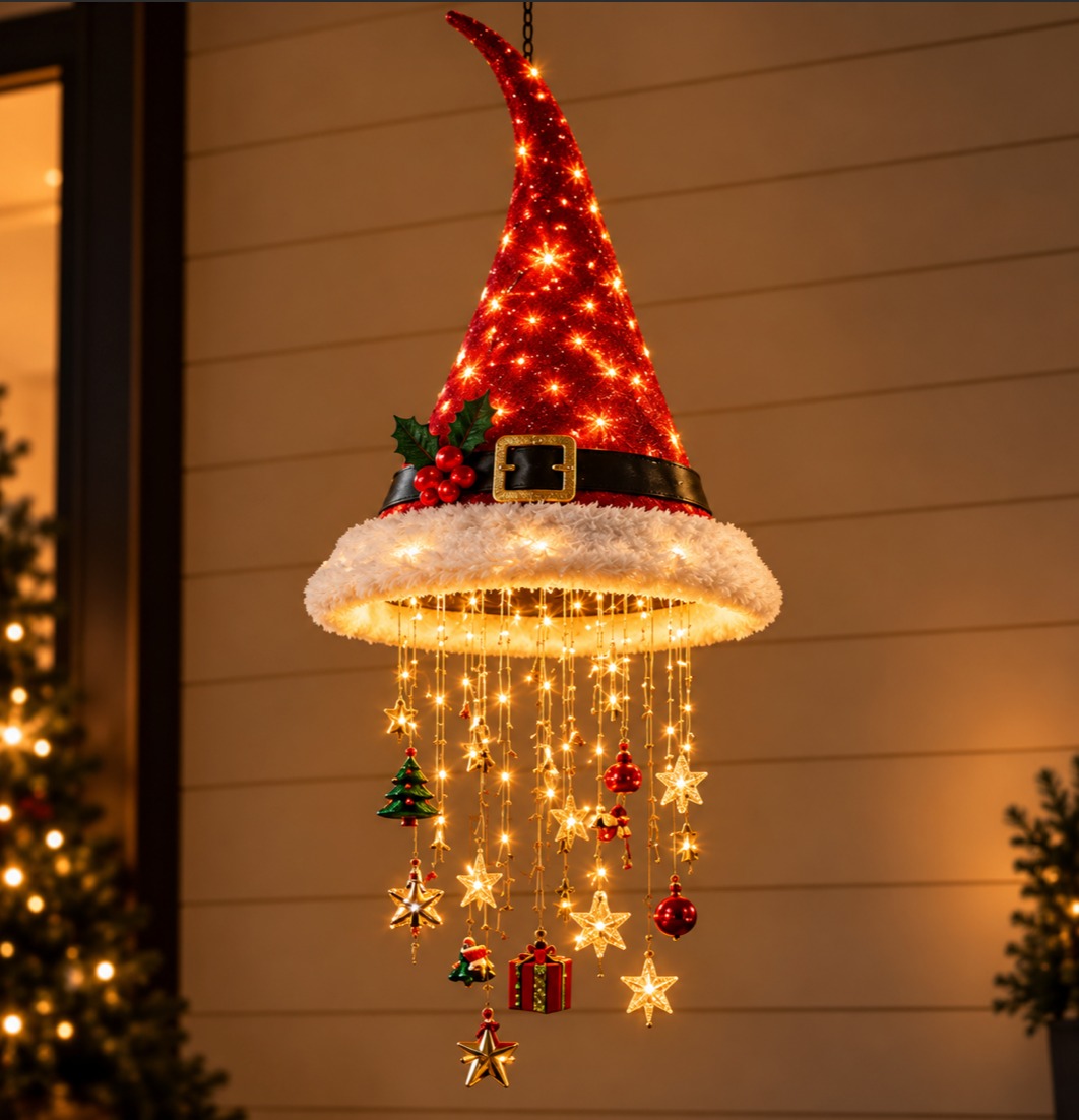 LED Santa Hat Christmas Hanging Light – Festive Holiday Pendant Decoration