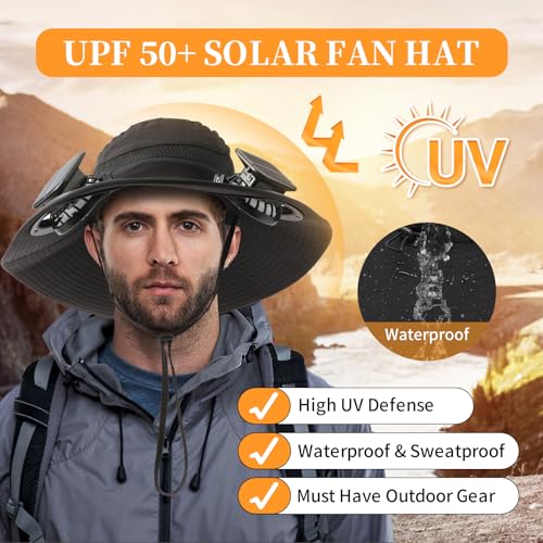 Solar Fan Sun Hat, UPF 50+ Wide Brim Cooling Hat with 2 Solar/USB Powered Fans, Black Bucket Hat for Fishing Hiking Camping