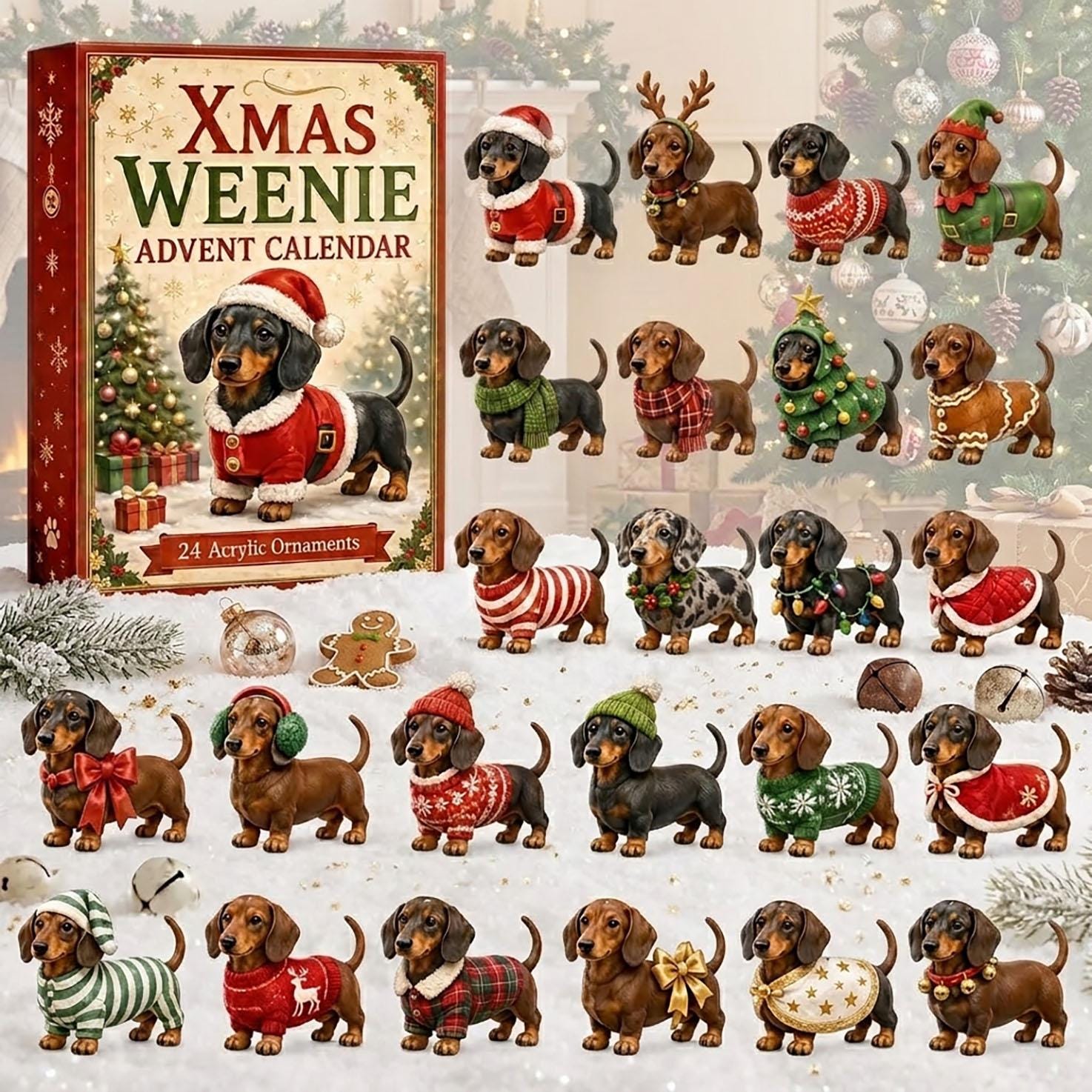 Christmas Dachshund Advent Calendar – 24-Piece Acrylic Ornament Countdown Set