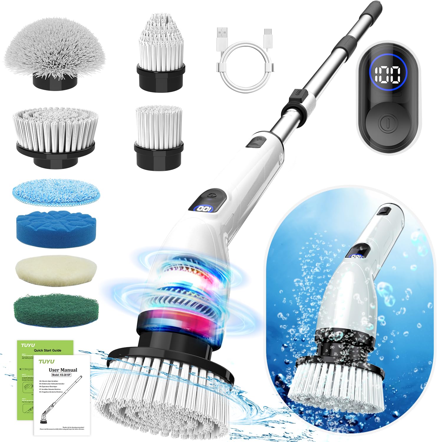 Electric Spin Scrubber, Cordless Cleaning Brush with Extendable Handle & 4 Brush Heads, Waterproof Power Scrubber for Bathroom Kitchen Tile