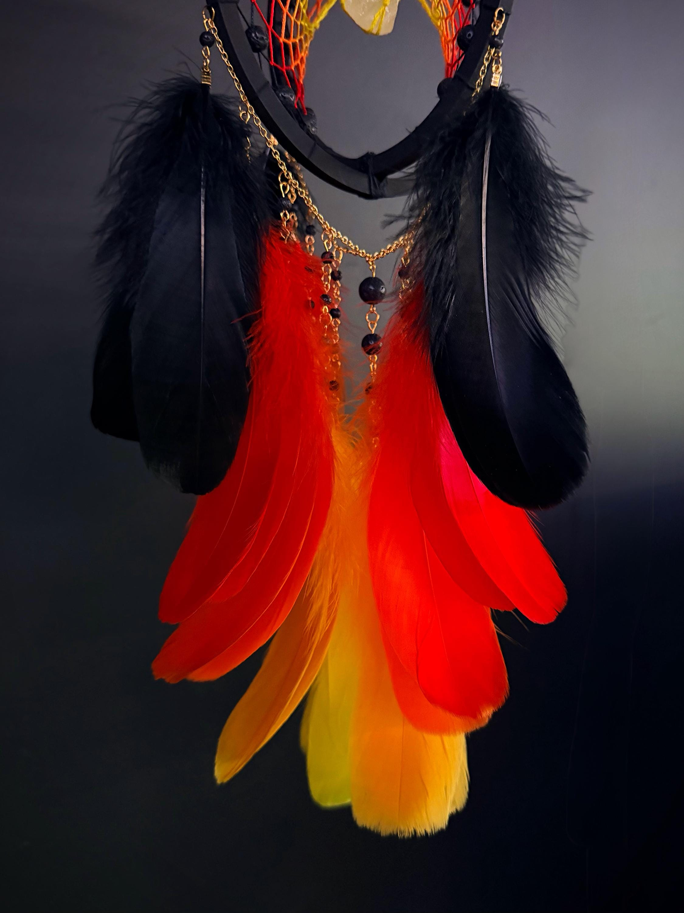 Gothic Black Red Feather Dreamcatcher with Crystal Stone
