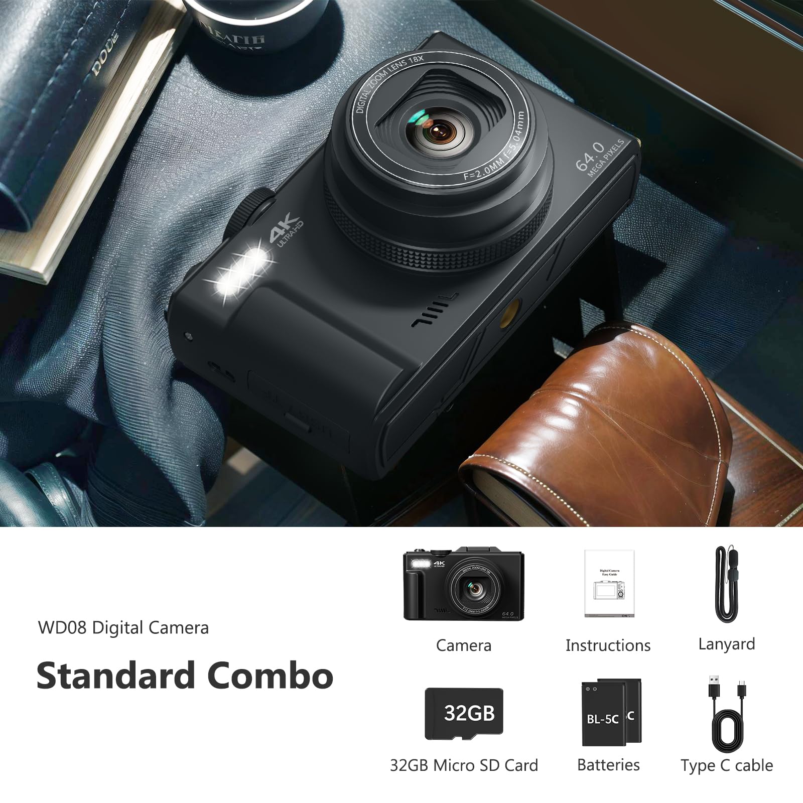 4K Digital Camera, 64MP Flip Screen Vlogging Camera