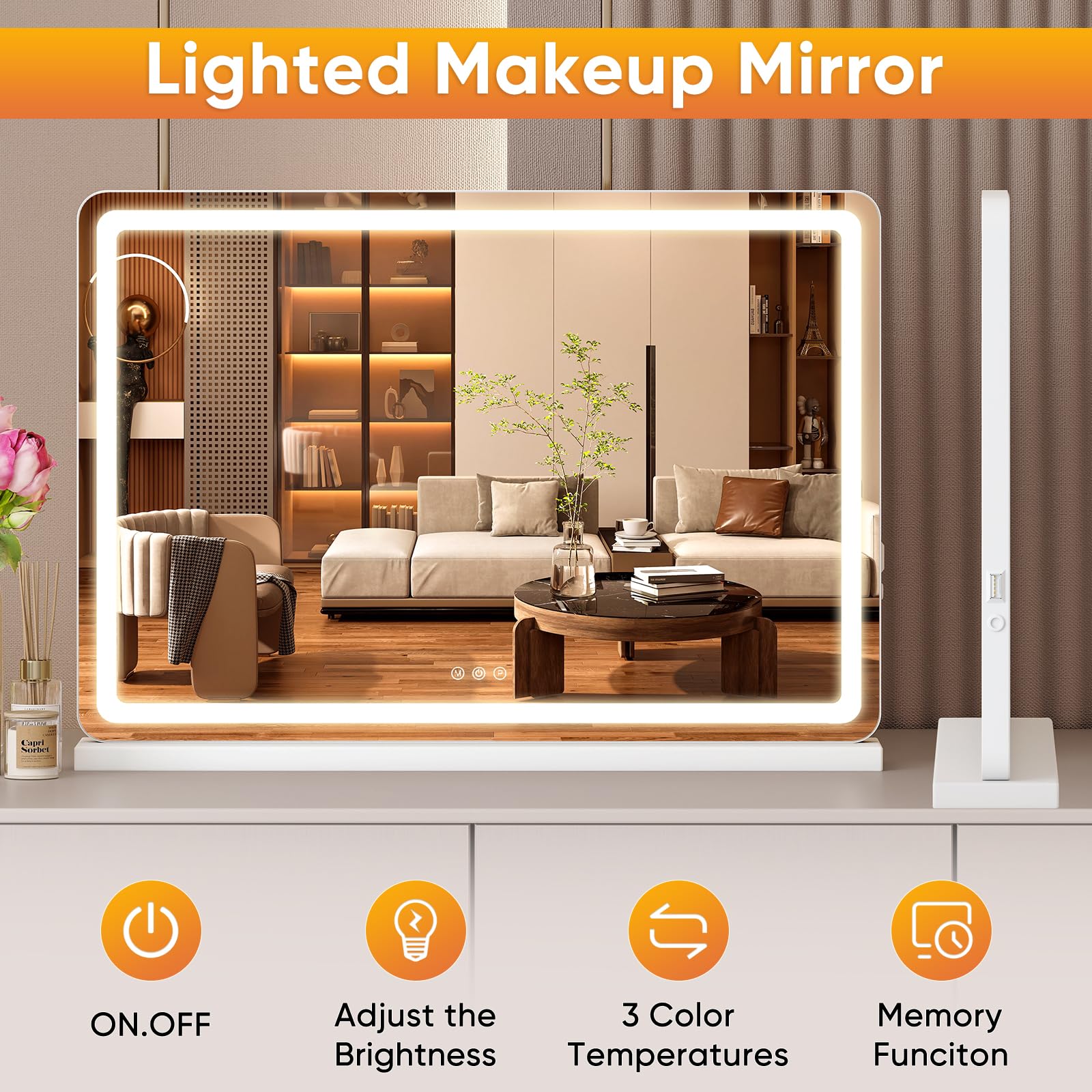 LED Lighted Vanity Mirror with 3 Color Modes, Large Makeup Mirror with Lights