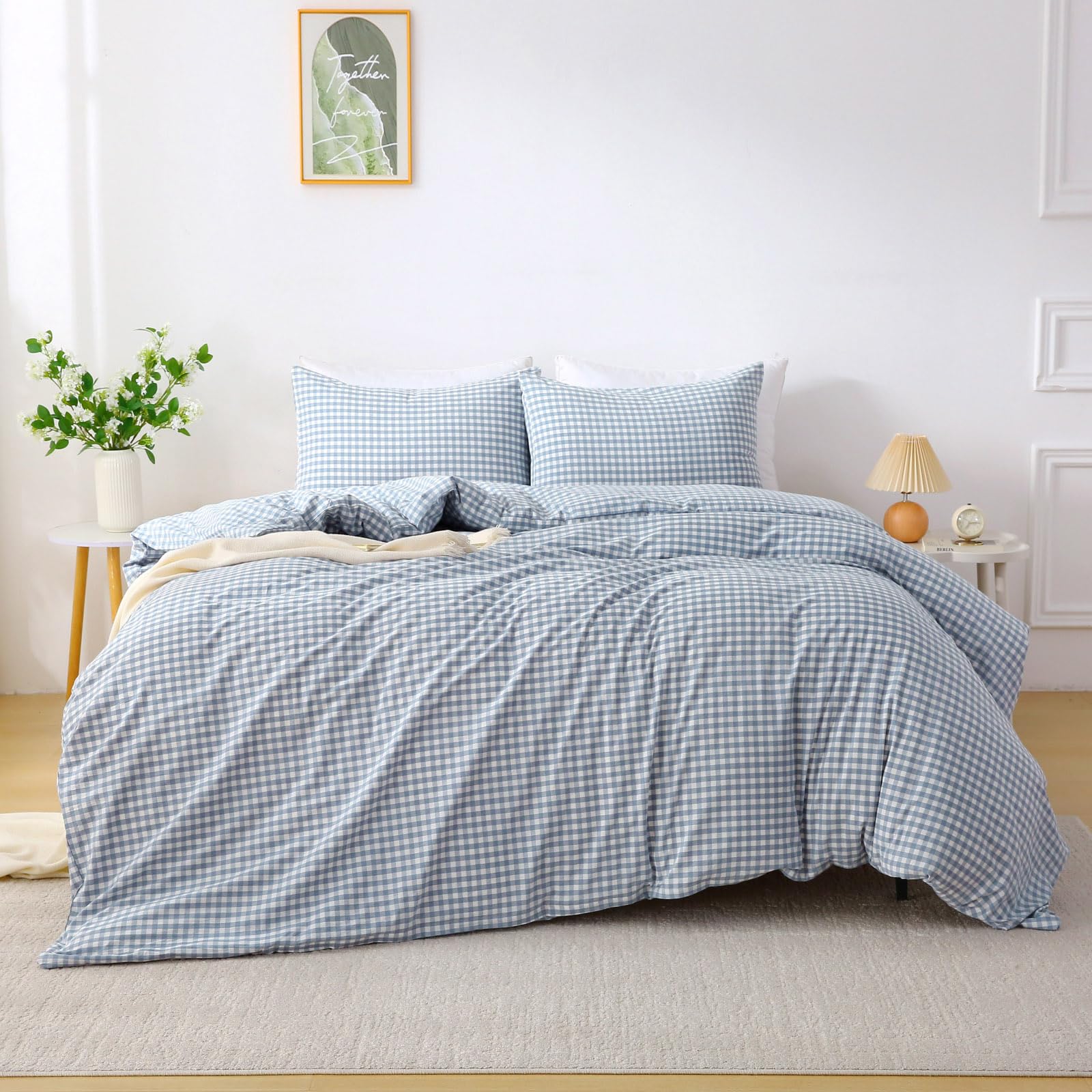 Ruffle Plaid Duvet Cover Set, Soft Washed Cotton Bedding Set with Pillowcases