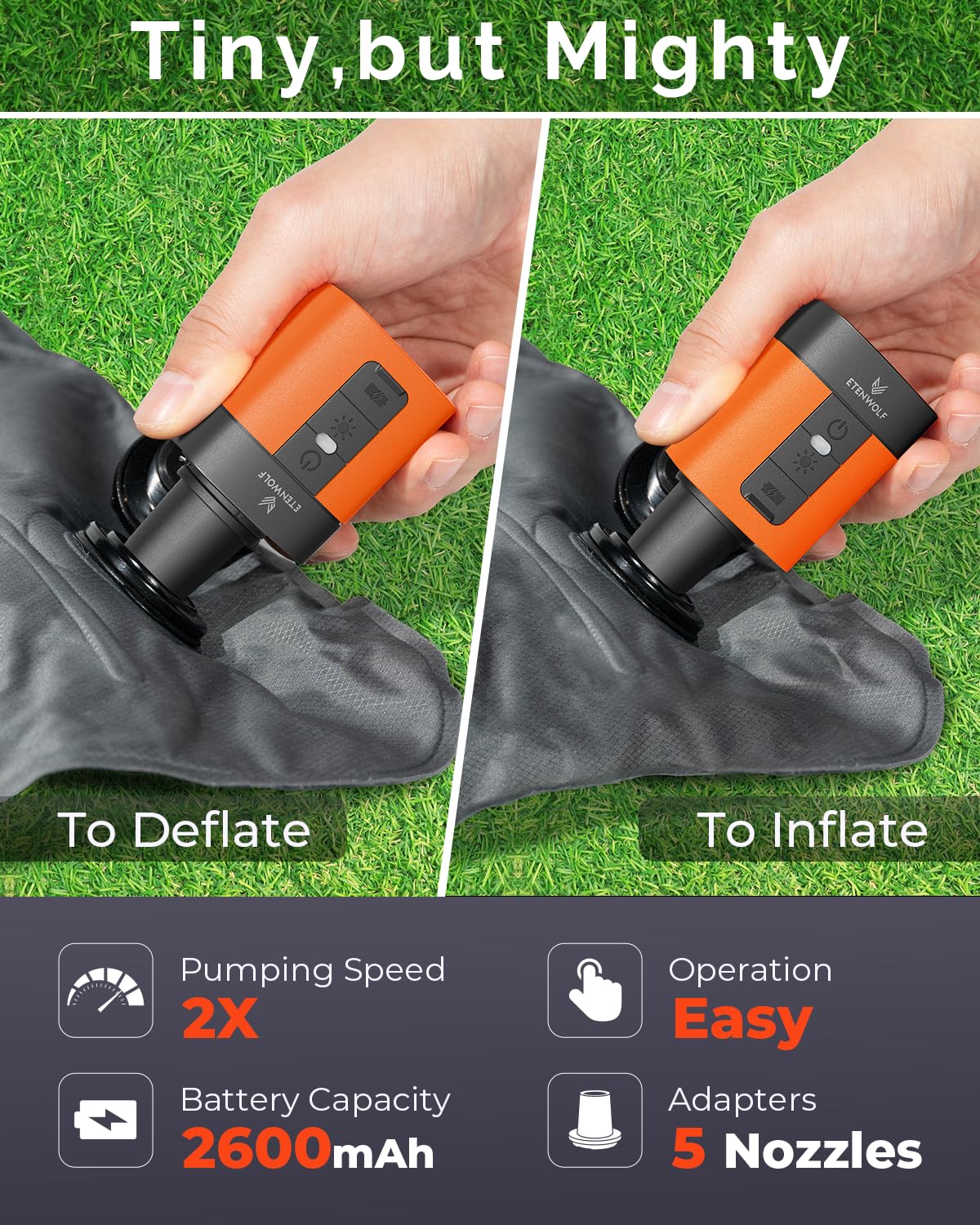 ETENWOLF Mini Portable Air Pump, Rechargeable 3-in-1 Inflate Deflate Vacuum Pump with LED Light for Camping