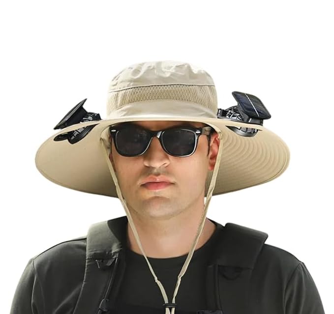 Solar Fan Sun Hat, Wide Brim UPF 50+ Cooling Hat with 2 Solar & USB Powered Fans, Camo Bucket Hat for Outdoor Fishing Hiking Camping, Gray