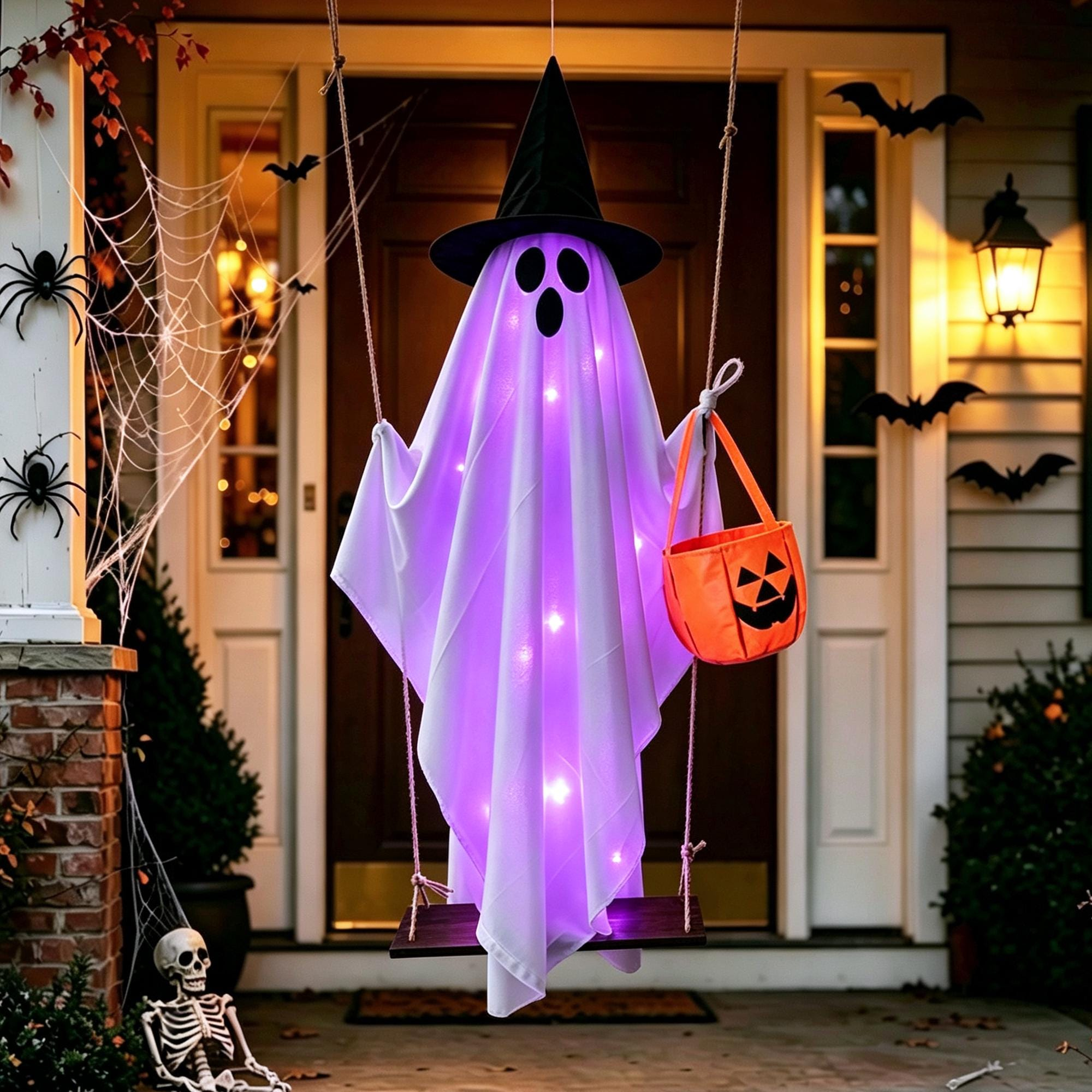 Halloween Swing Ghost Decor with Witch Hat & Pumpkin Candy Bag, Battery Powered Glowing Ghost Hanging Ornament for Yard Porch Party