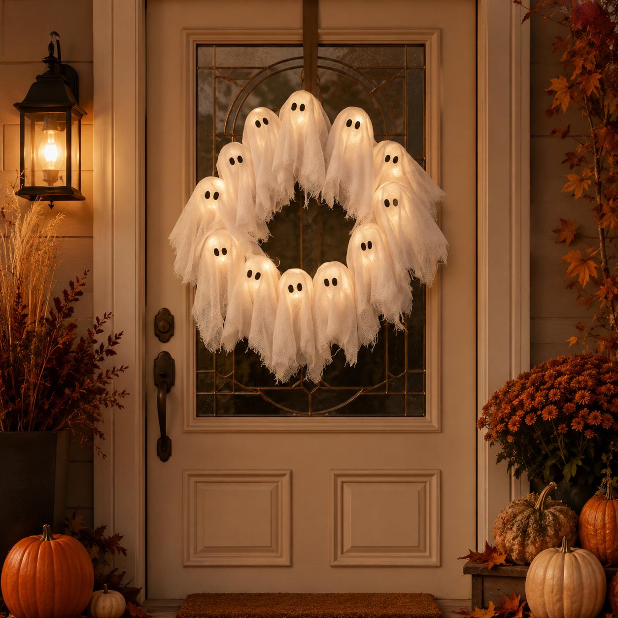 Lighted Ghost Wreath Halloween Door Decor