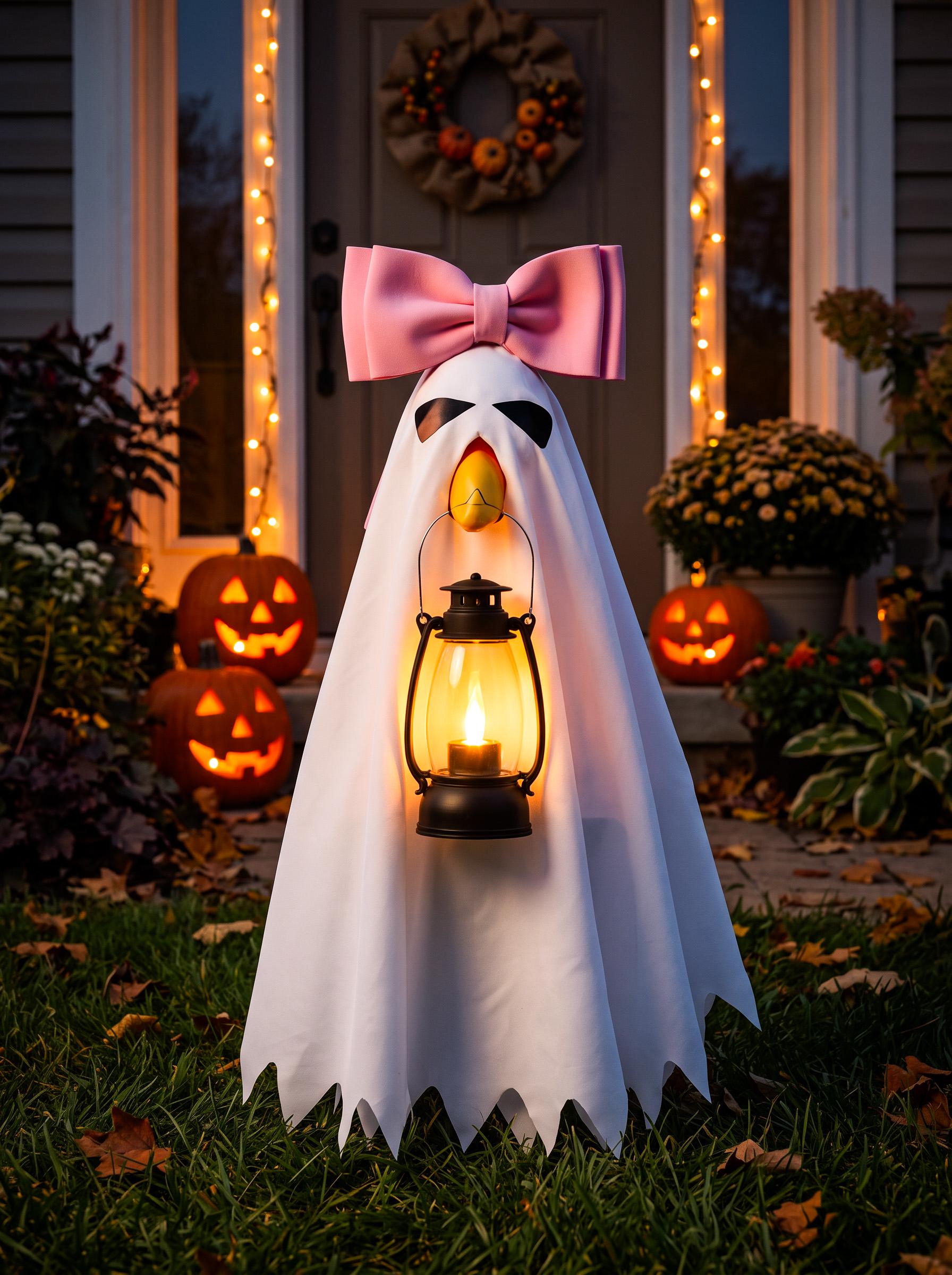 Cute Standing Ghost Halloween Porch Decor with Big Pink Bow & Lighted Vintage Lantern, Friendly Non-Scary Fall Front Door Ghost Statue