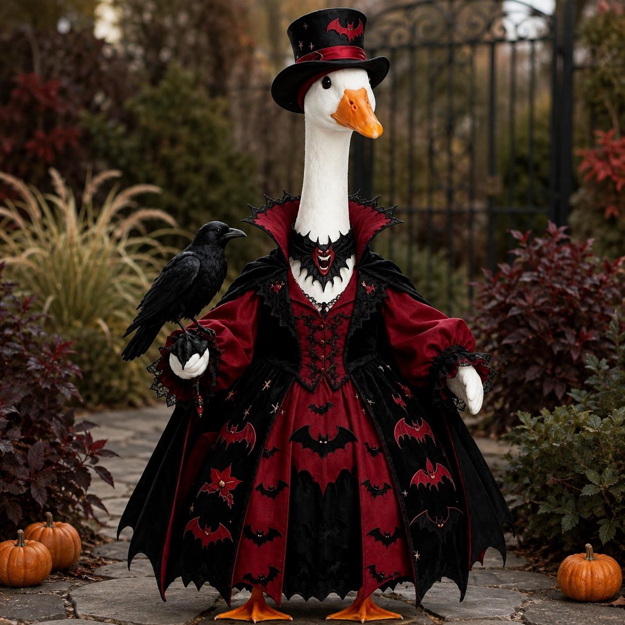 Gothic Vampire Goose Halloween Porch Decor, Goose Statue in Bat Embroidered Victorian Gown with Top Hat & Raven Companion, Dark Academia Halloween Front Door Ornament