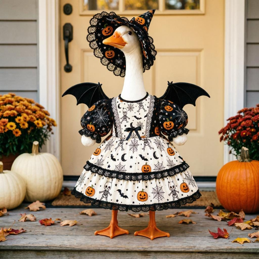 Witch Goose Statue with Bat Wings | Pumpkin Lace Halloween Porch Decor