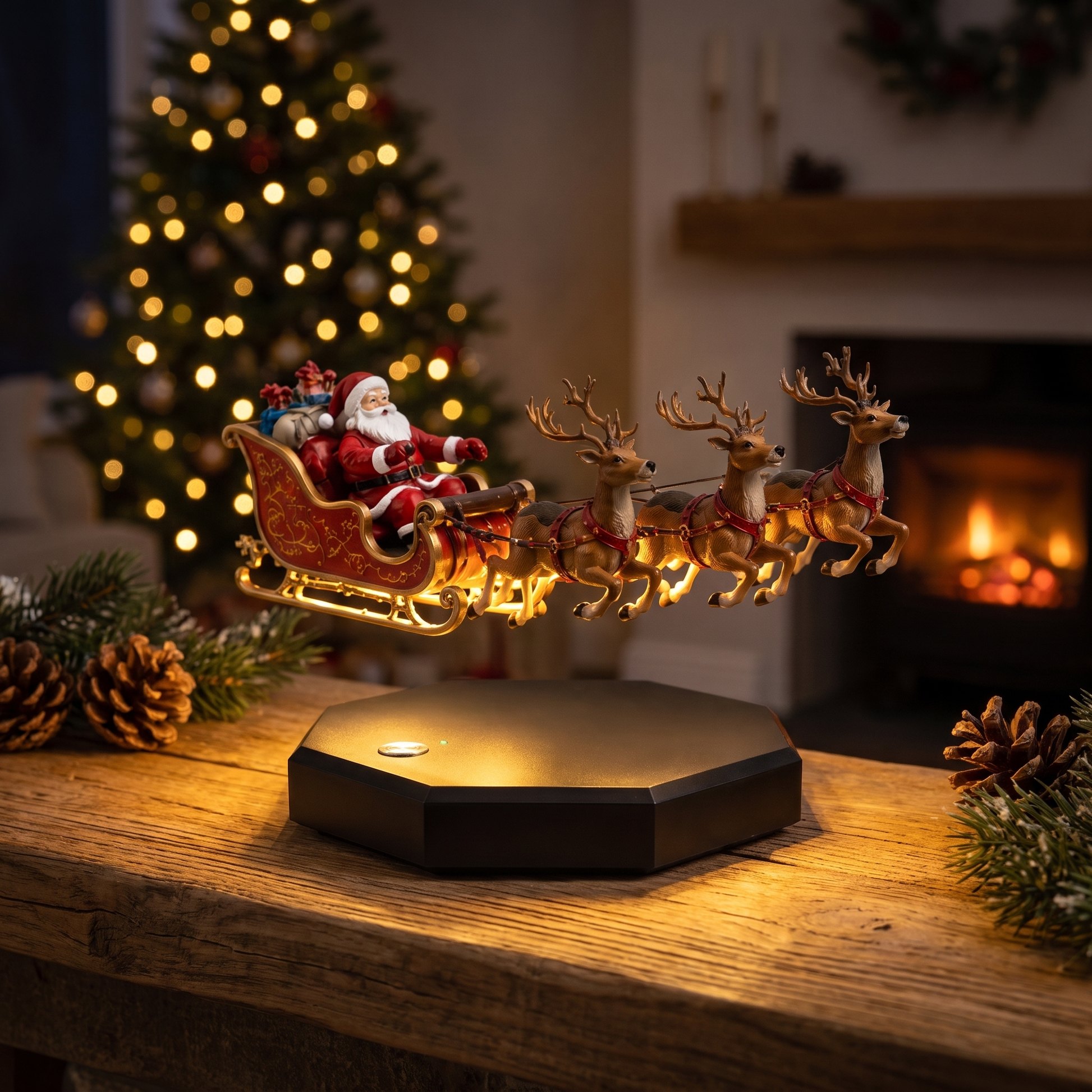 3D Christmas Sleigh Night Light – Flying Santa & Reindeer Illusion Lamp with LED Display Base