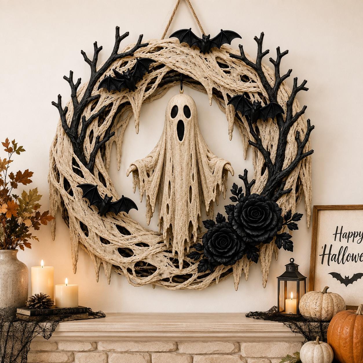 Halloween Ghost Wreath – Spooky Bat & Black Rose Front Door Decoration