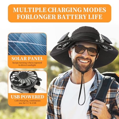 Solar Fan Sun Hat, UPF 50+ Wide Brim Cooling Hat with Solar/USB Fans for Men, Black