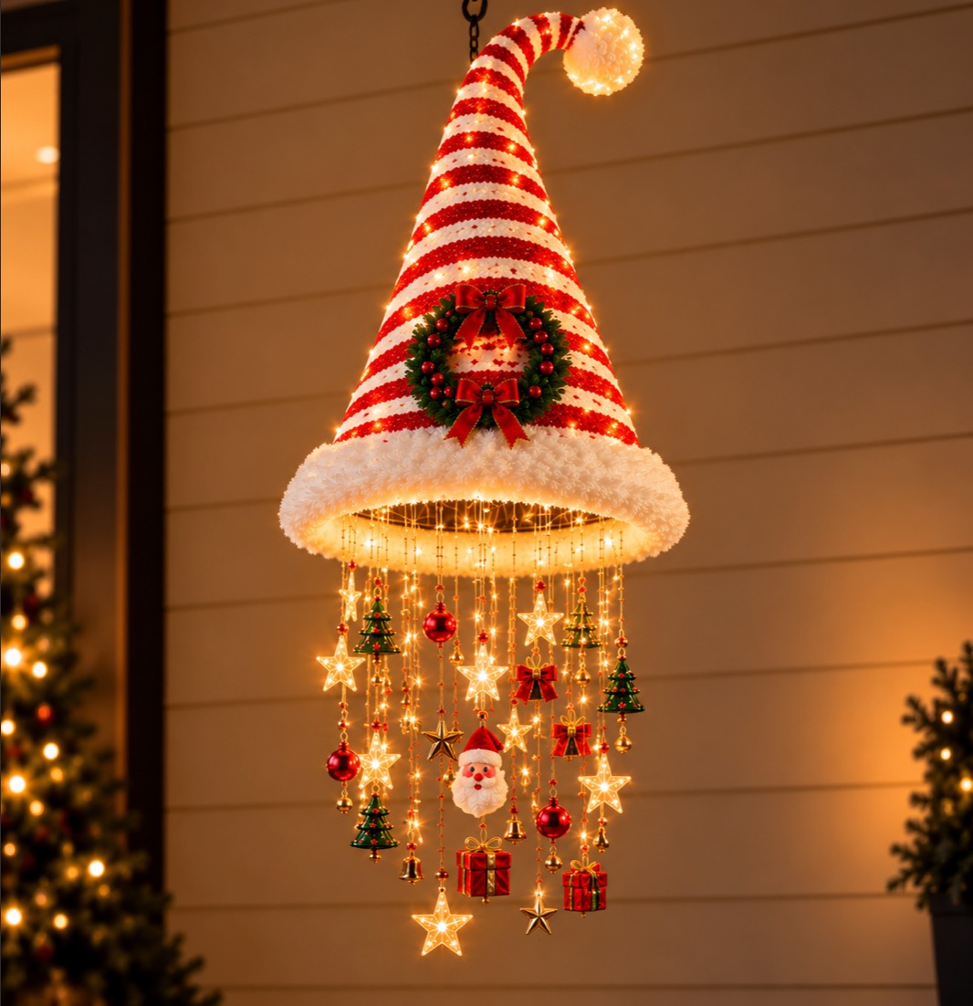 LED Santa Hat Christmas Hanging Light – Festive Holiday Pendant Decoration