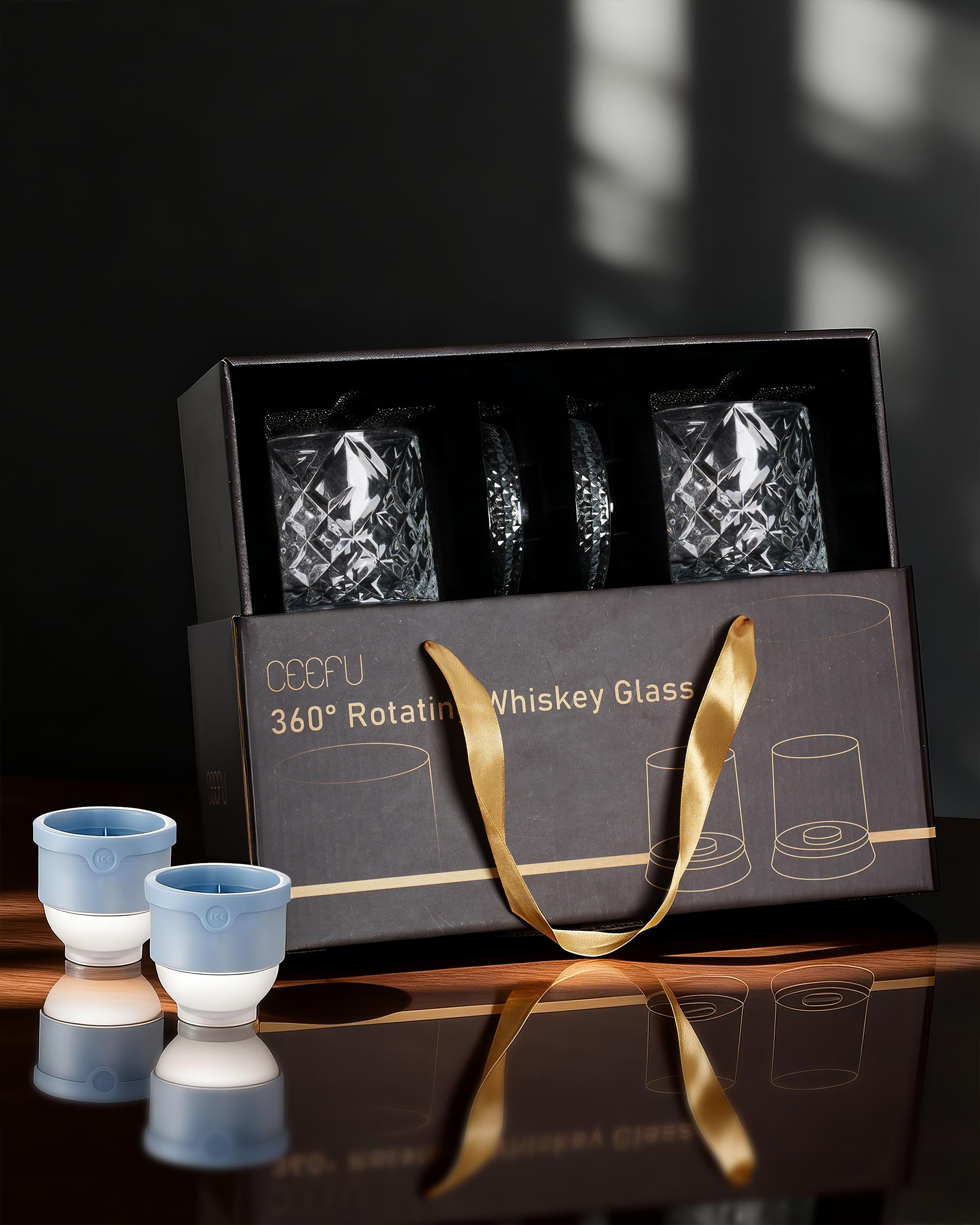 Short：Rotating Diamond Whiskey Glass Set with Ice Ball Molds, 2 Pack Gift Box