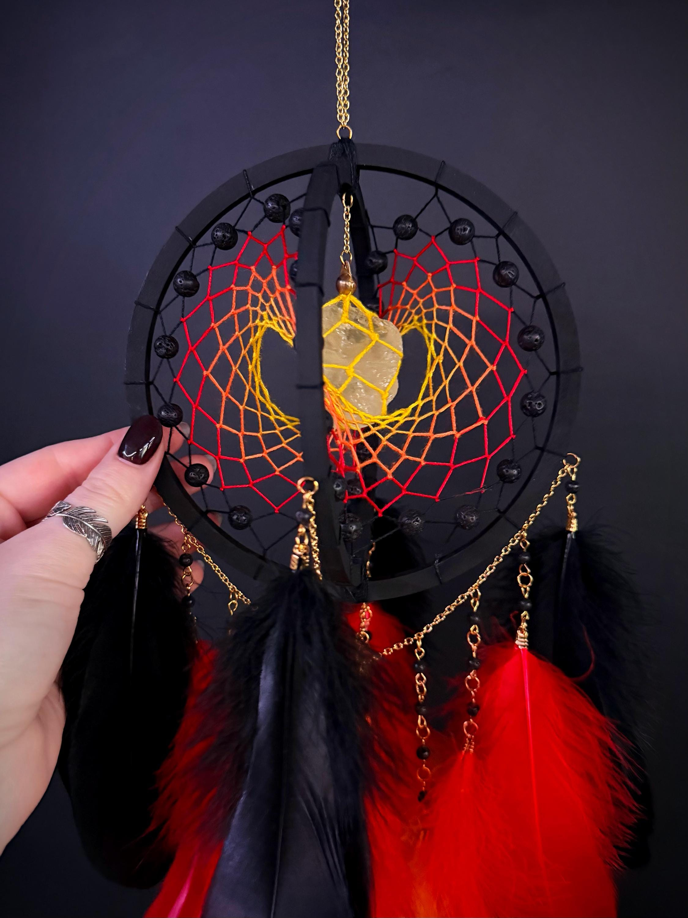 Gothic Black Red Feather Dreamcatcher with Crystal Stone
