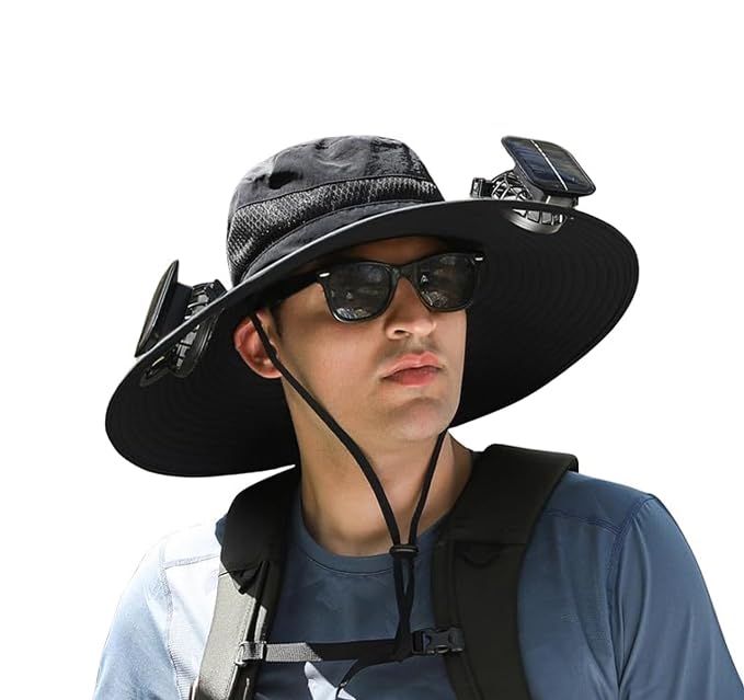 Solar Fan Sun Hat, Wide Brim UPF 50+ Cooling Hat with 2 Solar & USB Powered Fans, Camo Bucket Hat for Outdoor Fishing Hiking Camping, Gray