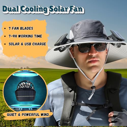 Solar Fan Sun Hat, Wide Brim UPF 50+ Cooling Hat with 2 Solar & USB Powered Fans, Camo Bucket Hat for Outdoor Fishing Hiking Camping, Gray
