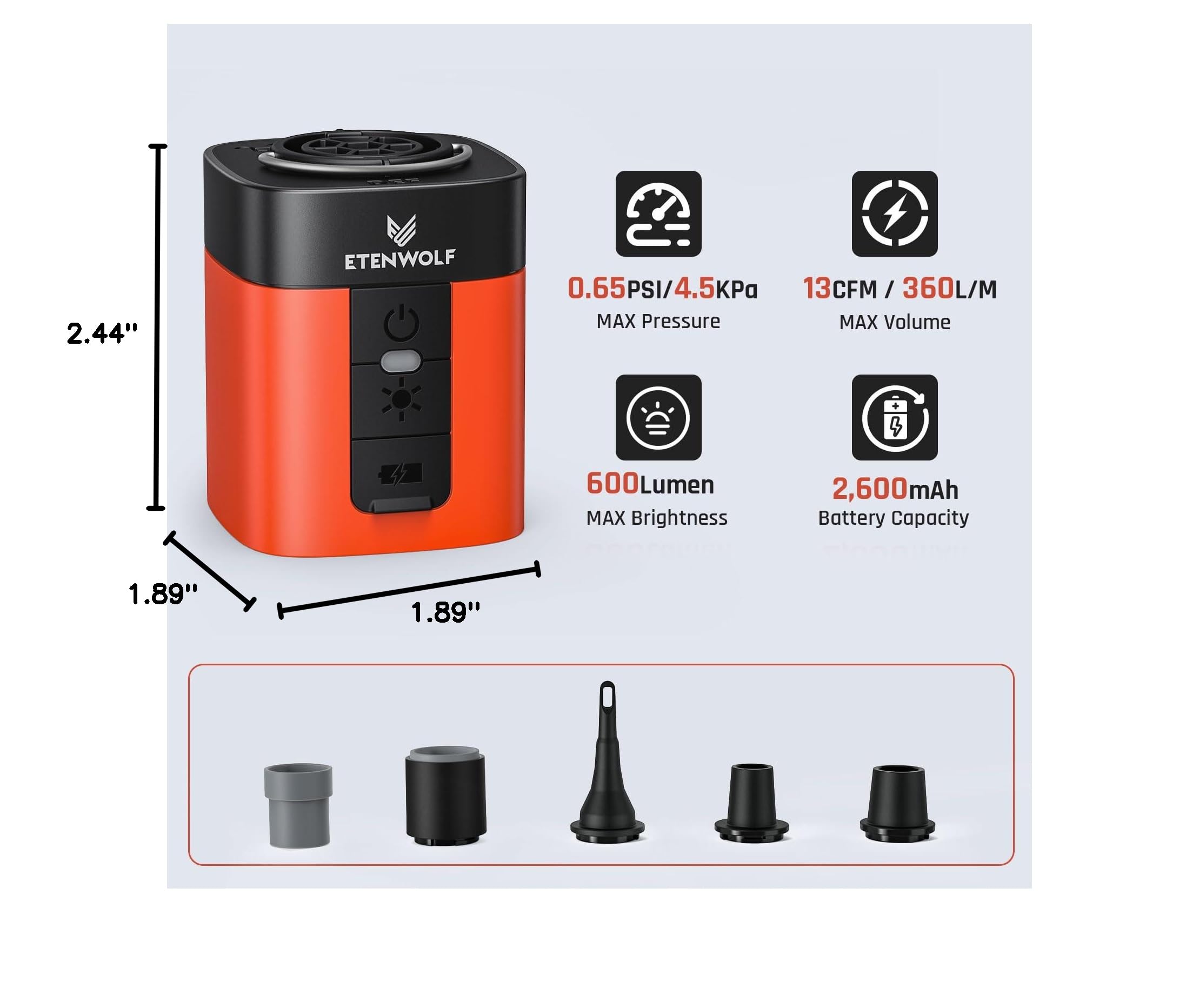 ETENWOLF Mini Portable Air Pump, Rechargeable 3-in-1 Inflate Deflate Vacuum Pump with LED Light for Camping