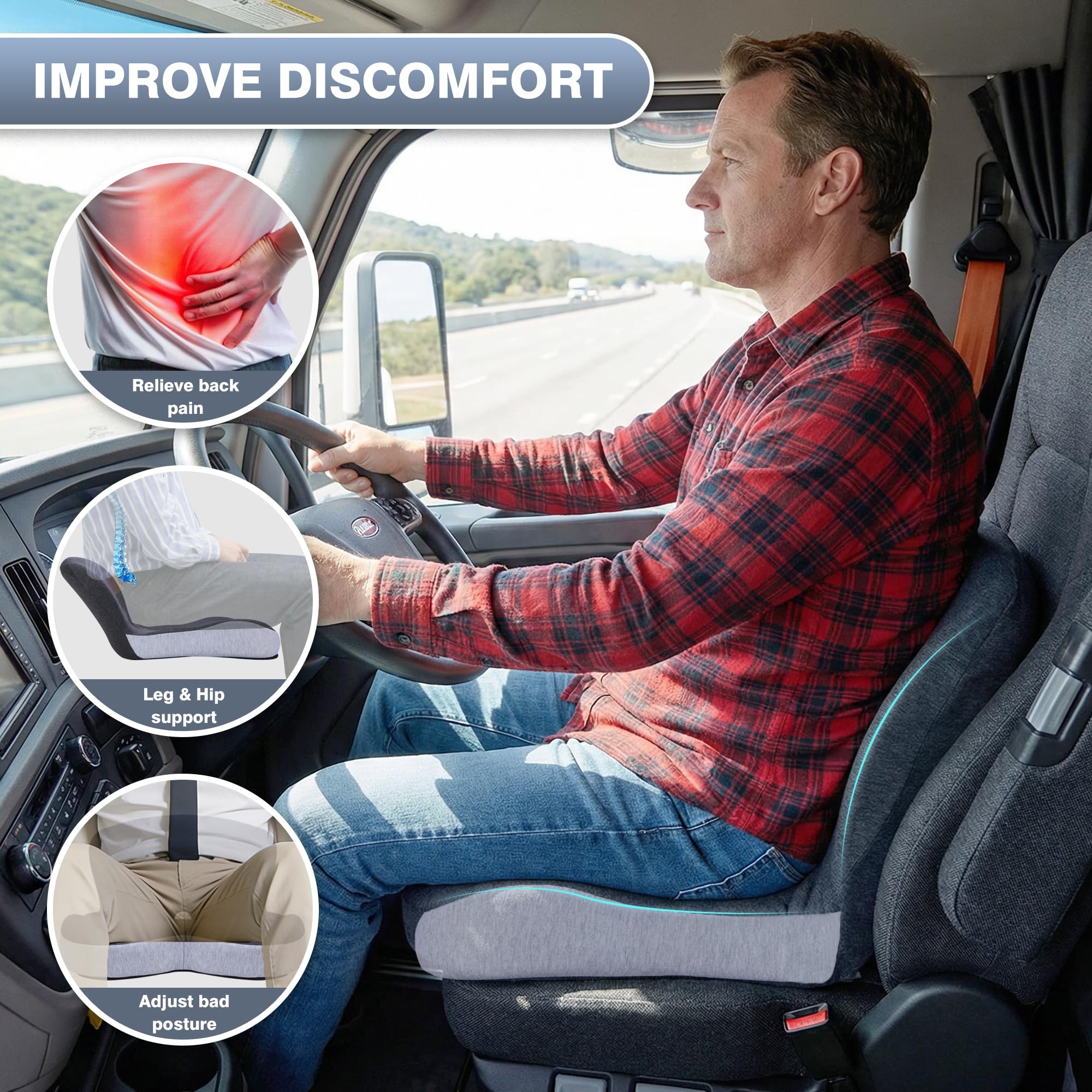 Memory Foam Car Seat Cushion, Ergonomic Orthopedic Butt Pad for Driver Truck SUV, Relieve Back Hip Pressure