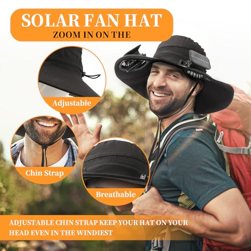 Solar Fan Sun Hat, UPF 50+ Wide Brim Cooling Hat with 2 Solar/USB Powered Fans, Black Bucket Hat for Fishing Hiking Camping