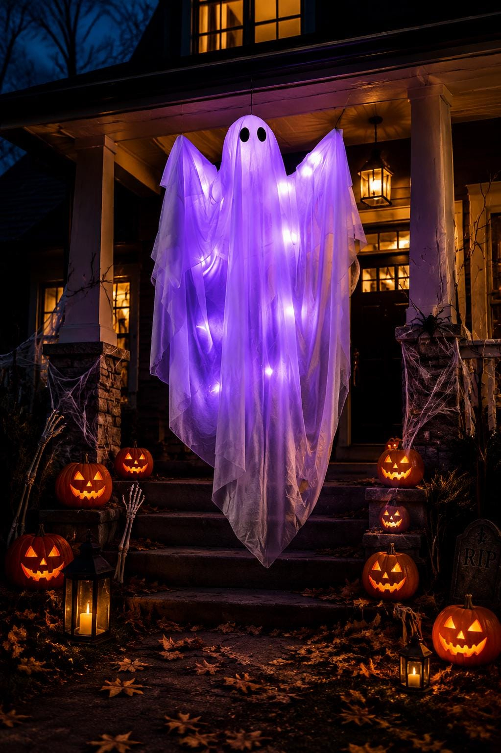 LED Glow Hanging Ghost Halloween Decor | Purple & Warm Light 2 Color Options