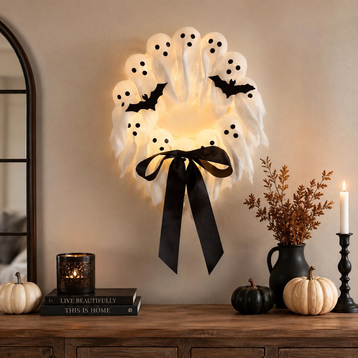 Lighted Ghost Wreath Halloween Door Decor