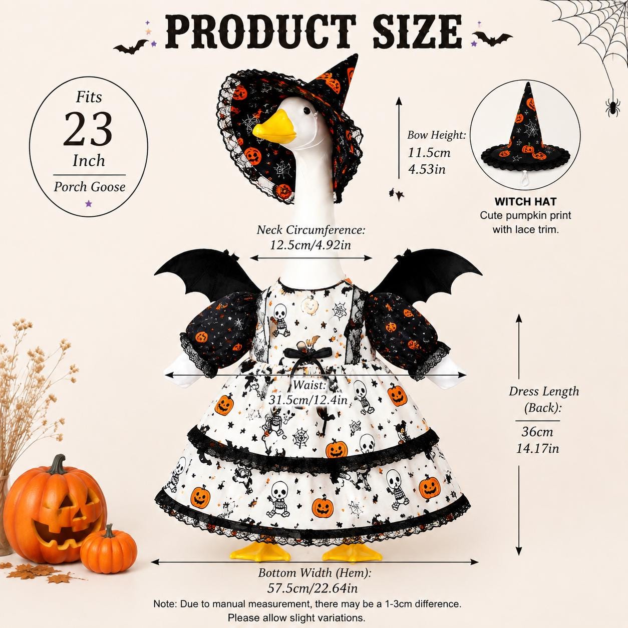 Witch Goose Statue with Bat Wings | Pumpkin Lace Halloween Porch Decor
