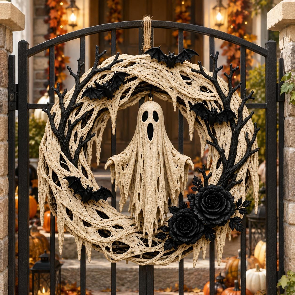 Halloween Ghost Wreath – Spooky Bat & Black Rose Front Door Decoration
