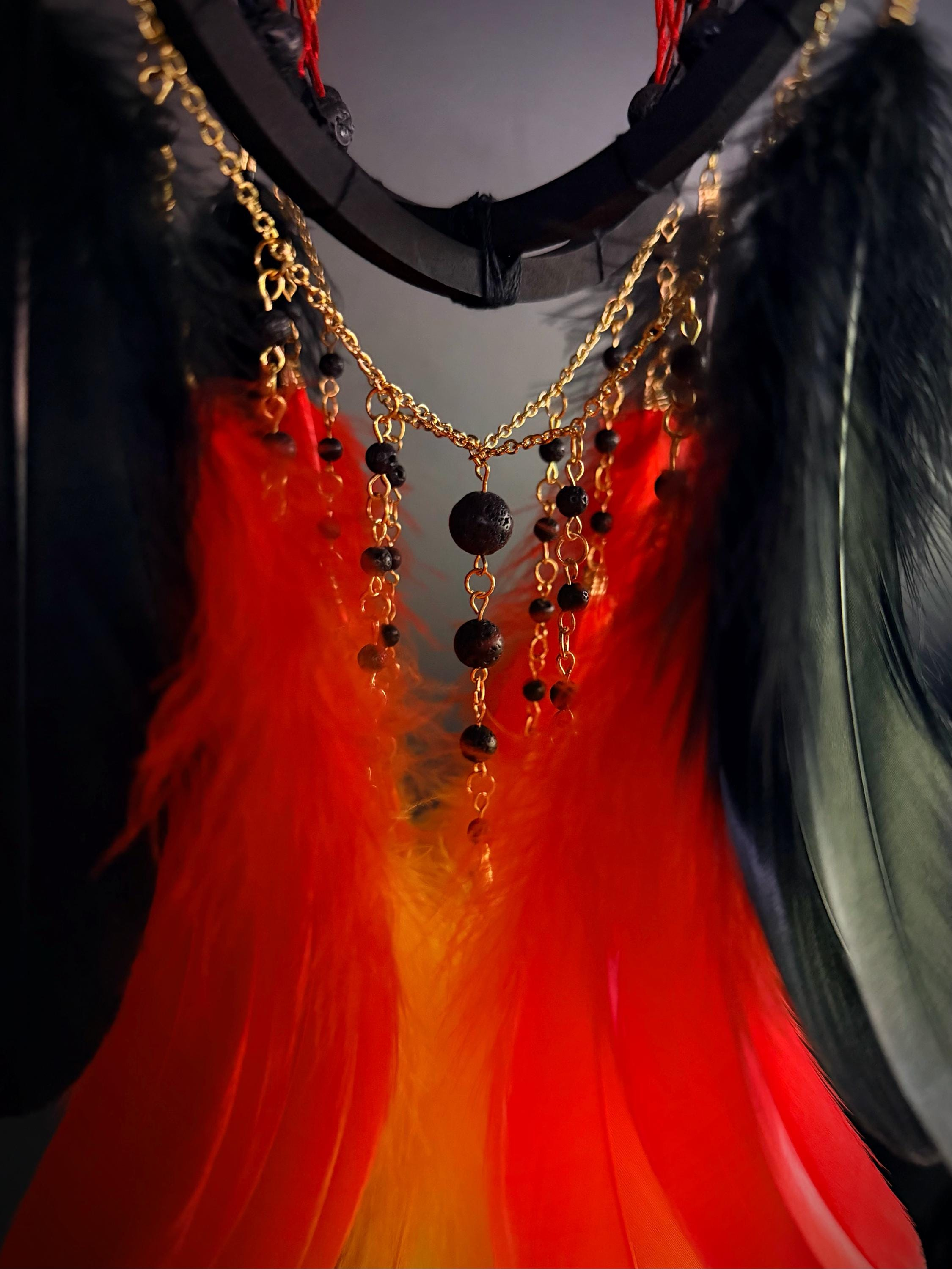 Gothic Black Red Feather Dreamcatcher with Crystal Stone