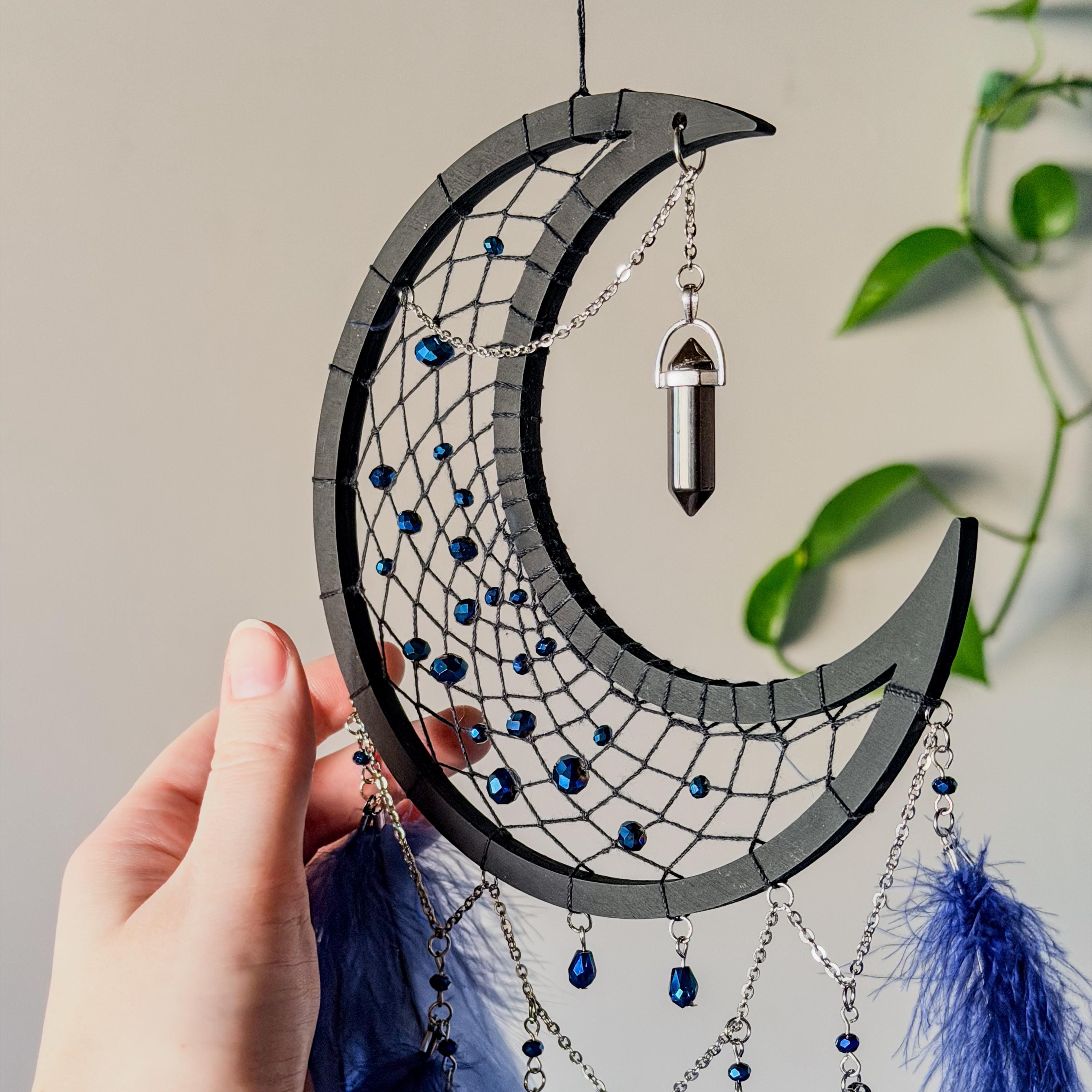 Black Moon Dreamcatcher with Dark Blue Feathers & Crystal Pendant
