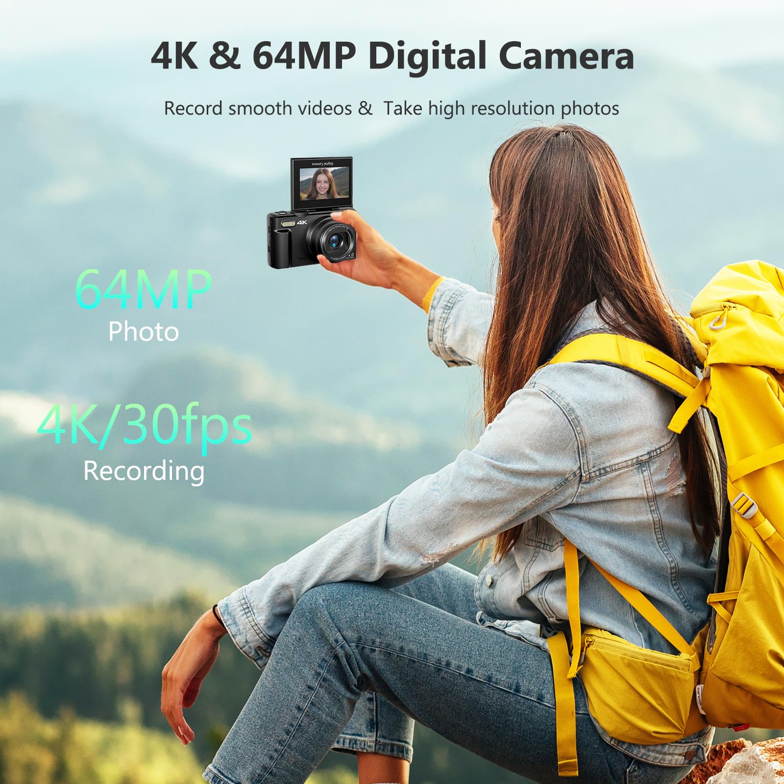 4K Digital Camera, 64MP Flip Screen Vlogging Camera
