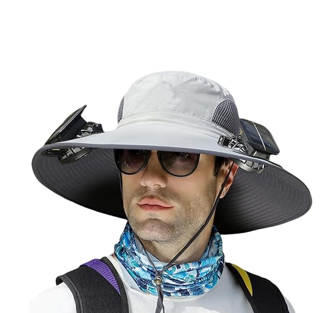 Solar Fan Sun Hat, Wide Brim UPF 50+ Cooling Hat with 2 Solar & USB Powered Fans, Camo Bucket Hat for Outdoor Fishing Hiking Camping, Gray