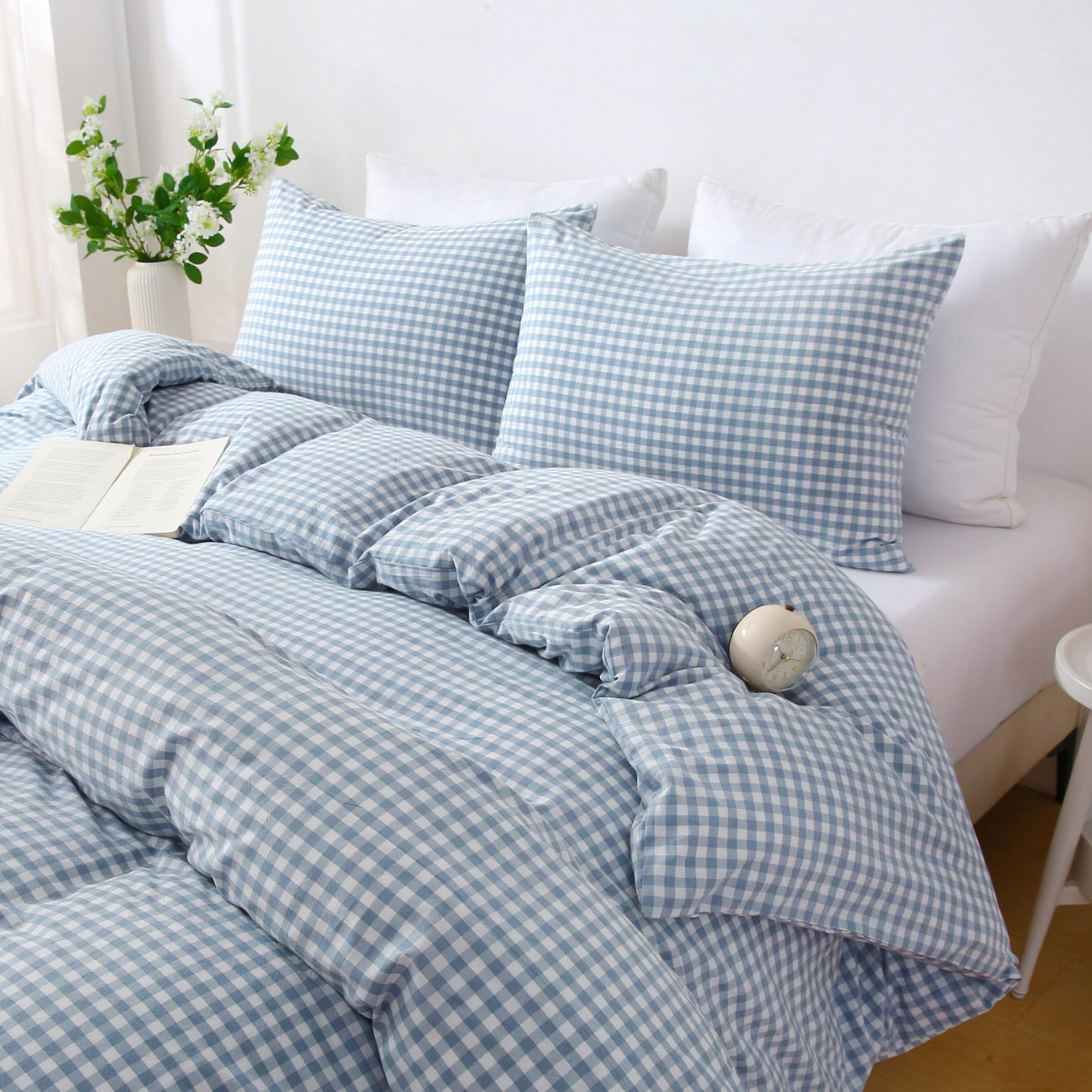 Ruffle Plaid Duvet Cover Set, Soft Washed Cotton Bedding Set with Pillowcases