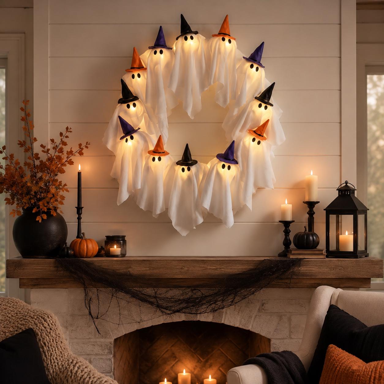 Lighted Ghost Wreath Halloween Door Decor