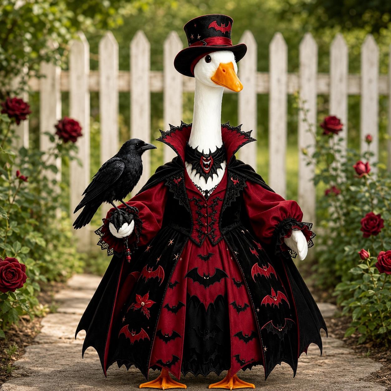 Gothic Vampire Goose Halloween Porch Decor, Goose Statue in Bat Embroidered Victorian Gown with Top Hat & Raven Companion, Dark Academia Halloween Front Door Ornament