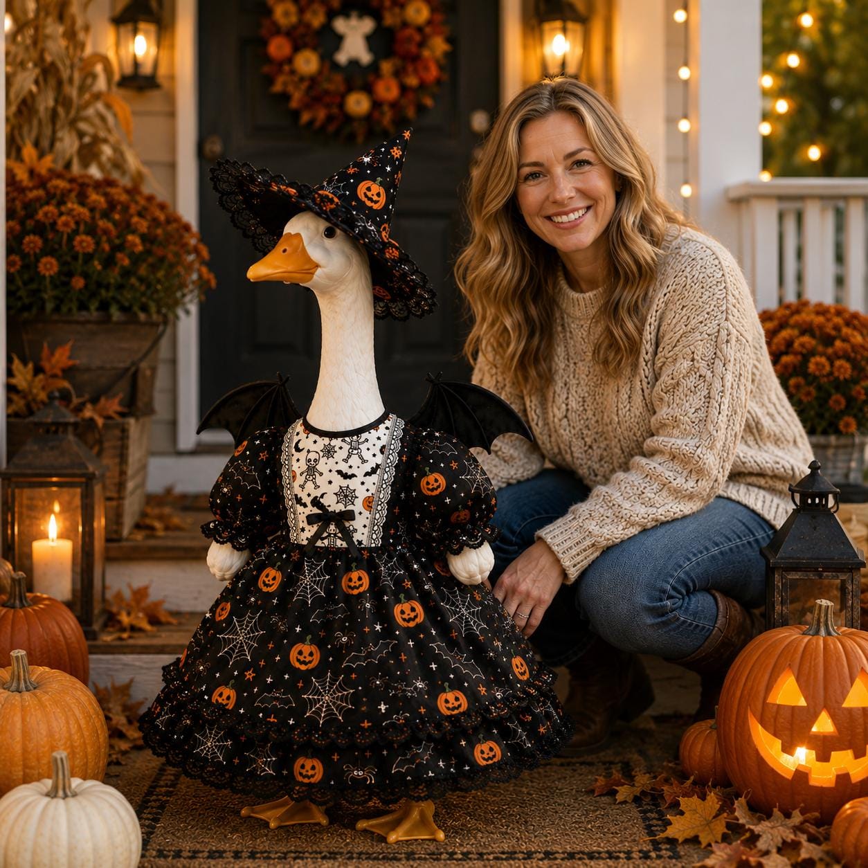 Witch Goose Statue with Bat Wings | Pumpkin Lace Halloween Porch Decor