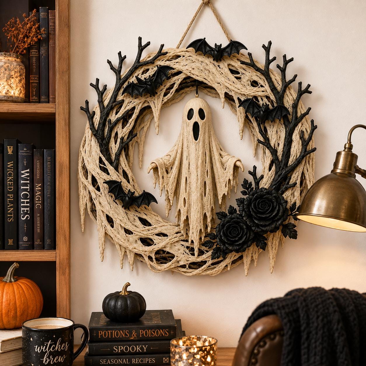 Halloween Ghost Wreath – Spooky Bat & Black Rose Front Door Decoration
